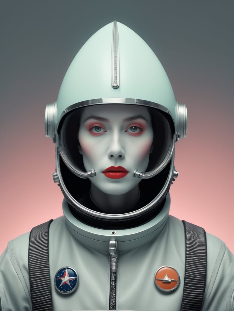 fashionable portrait of space rocket Scary ghost, frightening appearance, suffering, Soviet Union, pastel colors, Bauhaus forms, pale, vantablack, neon light, minimalistic design, futuristic, smooth forms, minimal details, givenchy, film still from Wes Anderson, photograph, vogue, photoreal, 200mm, HD, f 2.0, highly detailed, accurate, gray-tone