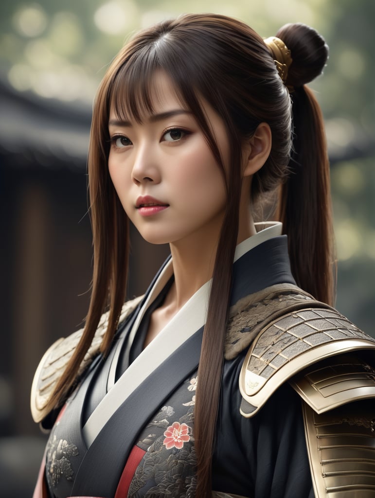 wanita jepang dengan pakaian samurai berambut sebahu, foto setengah badan, Ultra realistic human photo, realistic, raytracing, Cinematic, Ultra HD, Professional photography, ultrafine detailed, crazy details, intricate details