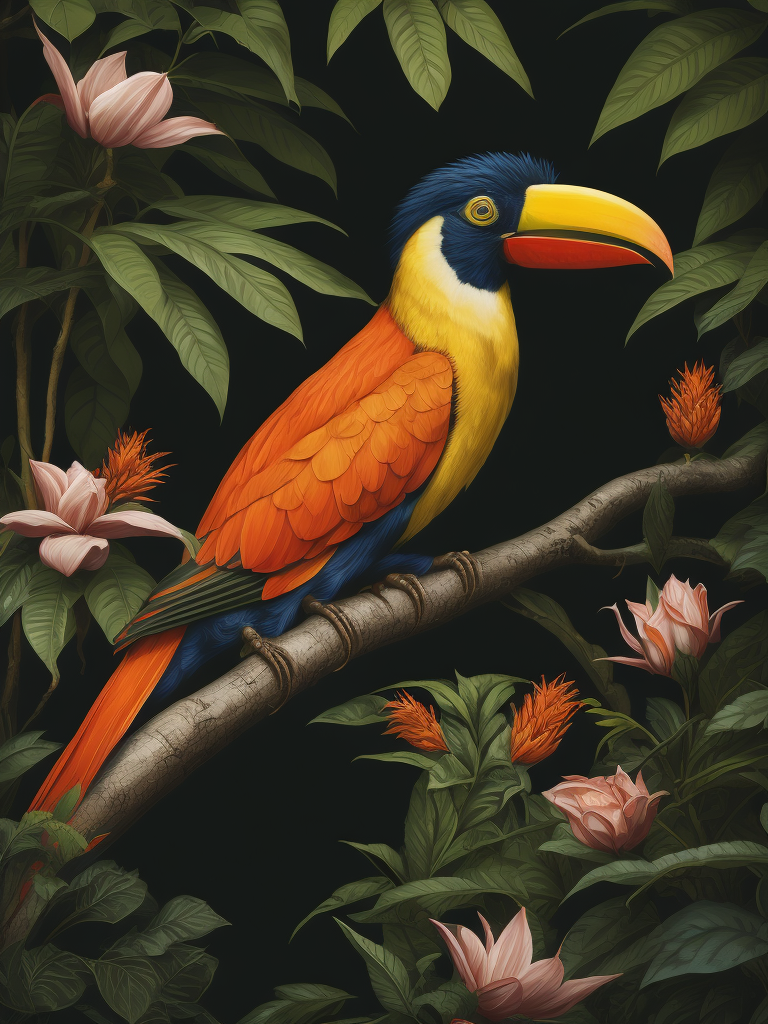 create an illustration in the victorian style of William Morris featuring Tucan birds in a lush jungle setting. The illustration should be etched and contain no more than three vibrant colours