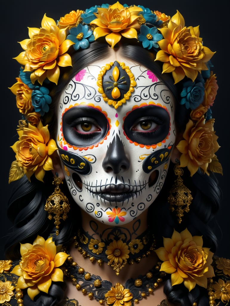 mexican, sugar skull, ornamental, flowers, garlands, gold and black colors, 3d style surrealist art, painting, girl face, glamorous, dark