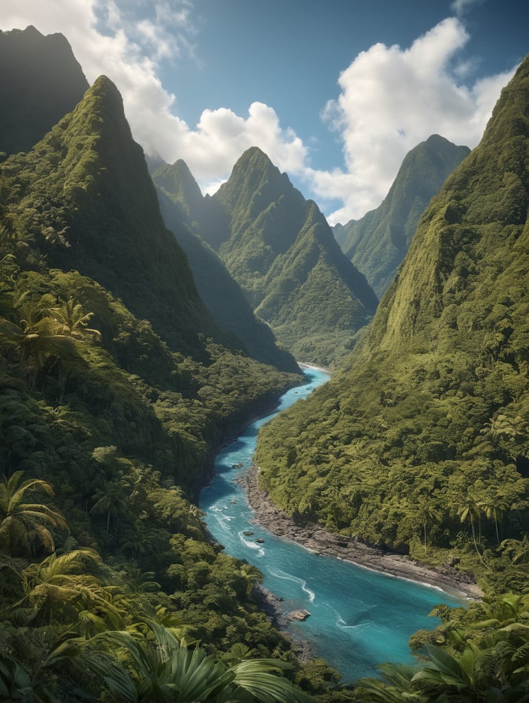 American Samoa, Island with minimal short Mountains, river running from ocean into a valley, ocean only on the bottom middle running up to the right, clear blue sky