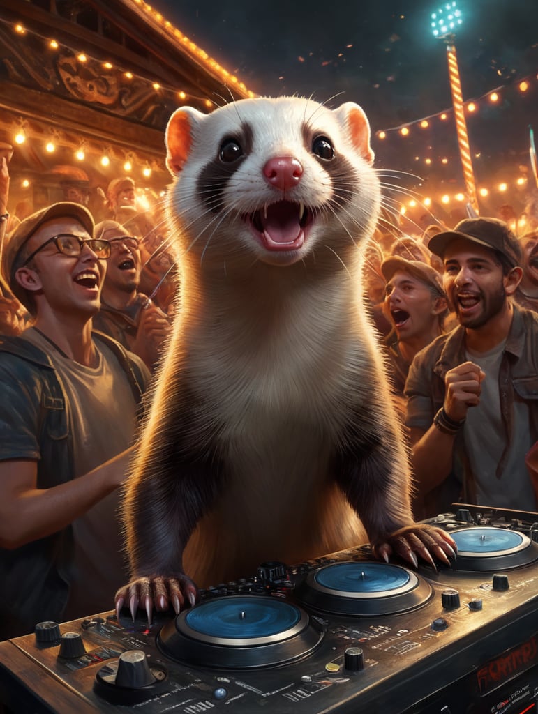 Beschrijf een levendige scène waarin een fret, omringd door een opgewonden menigte op een festival, achter de draaitafels staat en muziek draait. Het publiek gaat helemaal op in de beats, de lichten flitsen en de energie is voelbaar. Beschrijf de expressie op het gezicht van de fret, de sfeer van het festival en de muziek die de lucht vult.