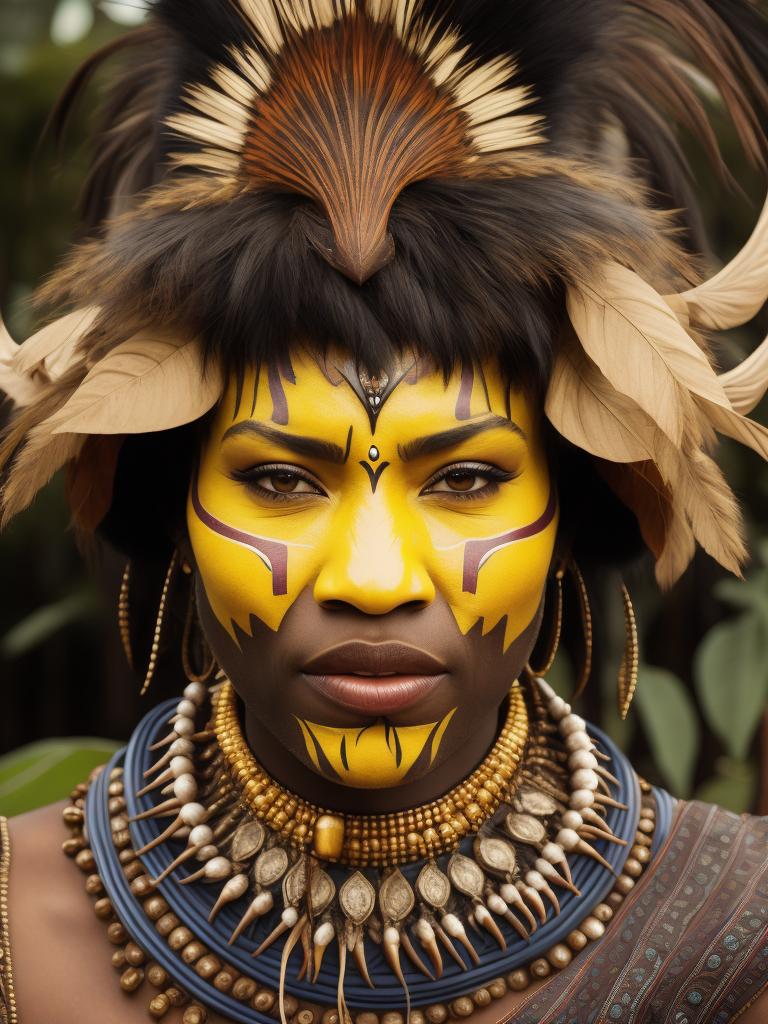 papua new guinea native person female wearing headdress, face paint, incredibly detailed , vibrant moody lighting, close up of face