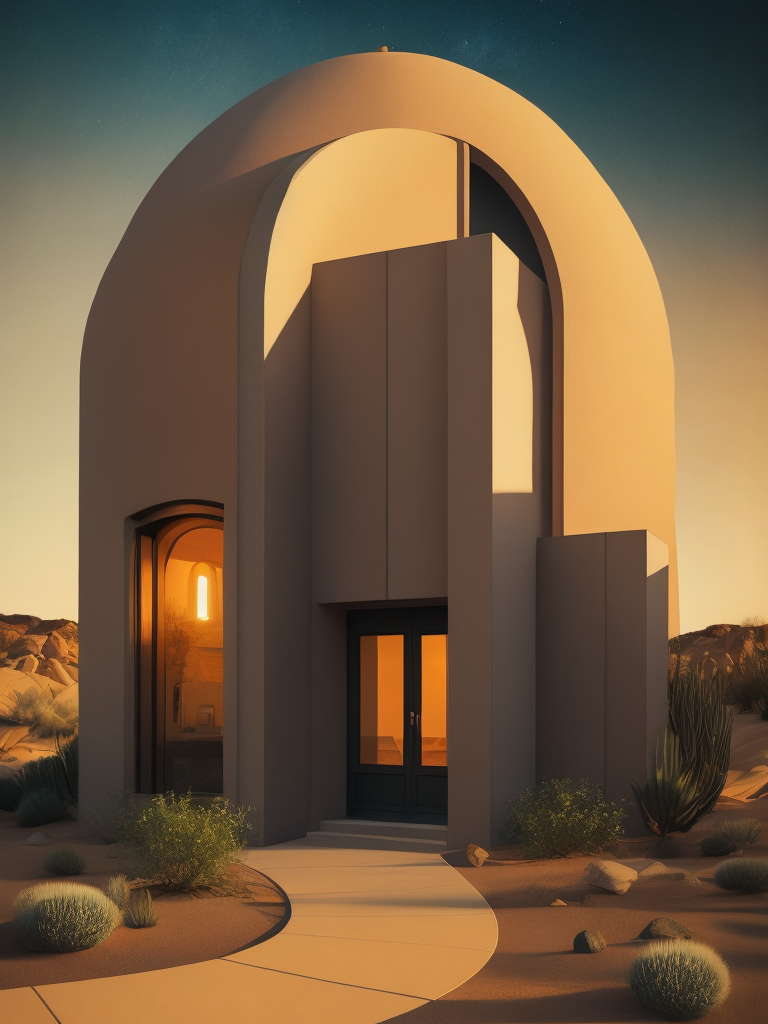 An architectural rendering of a minimal, geometric, curved, sculptural, stucco textured, tan desert abode, sand and clay facade with small carved window openings, wood accents, arched glass door opening, cactus, tumble weed, artificial lighting, desert landscaping, outdoor camp fire, located in Arizona during twilight, hazy horizon