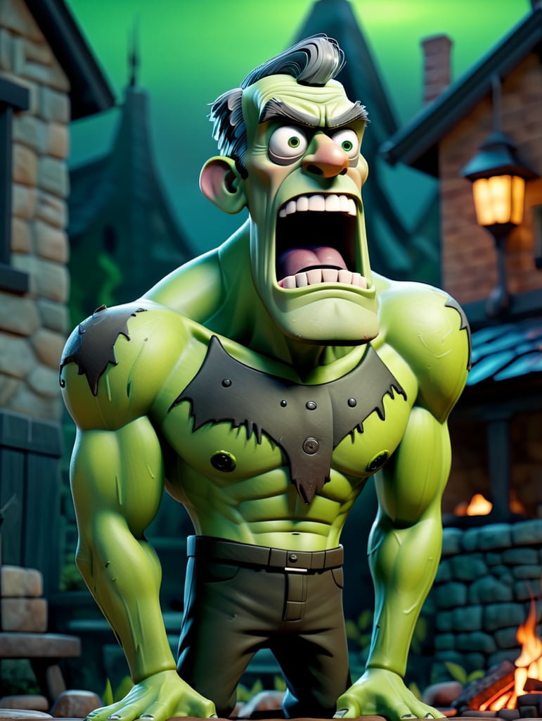 cartoon full body image of Boris Karloff as Frankenstein's Monster, Green Skin, muted color palette, atmospheric, creepy, intricate detail, reanimated corpse, scar tissue, decomposing, starring eyes, welcoming, bolts sticking out of sides of neck, gangrene, veins, mutilated, stitches across forehead, grilling on a barbecue grill