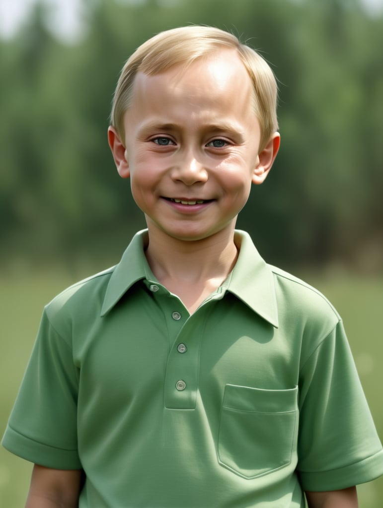 portrait of Vladimir Putin as a kid, happy with green shirt