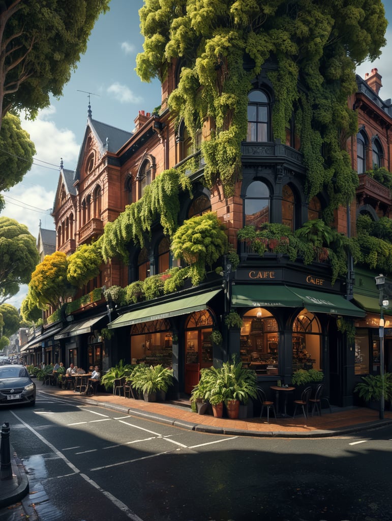 Hyperealistic illustration of a leafy street in Launceston Tasmania, with a little cafe in shot, full frame