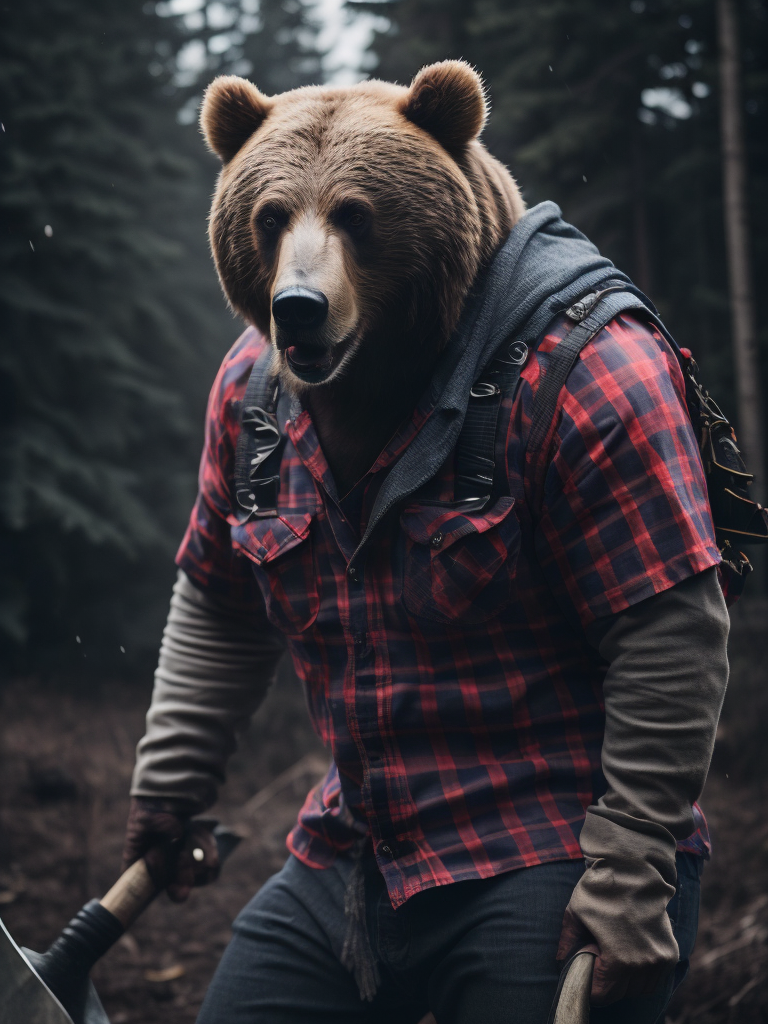 bear lumberjack with an ax in a shirt with a red and black cage