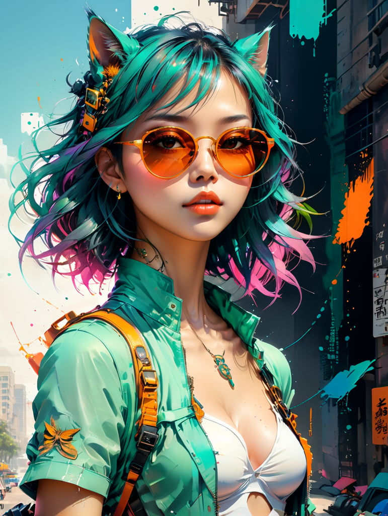 Premium AI Image, modern anime character of Chinese girl AI generated, neon, sunglasses, small cat, lizard