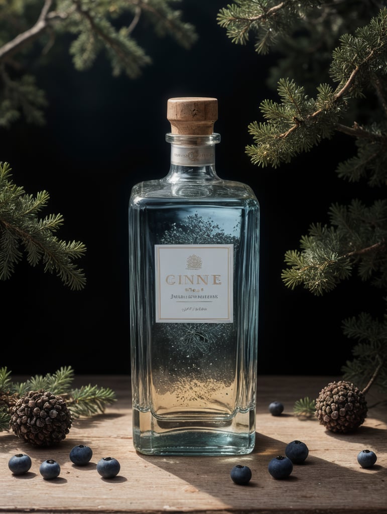 professional photography of a square gin bottle, square bottle, surrounding a juniper and juniper berries, one shot of gin in a front, no label, clear, mockup