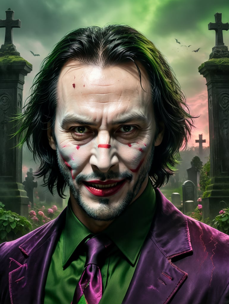 Portrait of Keanu Reeves in a joker costume for Halloween, scary makeup on his face, dark atmosphere, vintage style, green and pink colors, highly detailed photo, professional photo, against the backdrop of an old creepy cemetery, contrasting light, bright colors