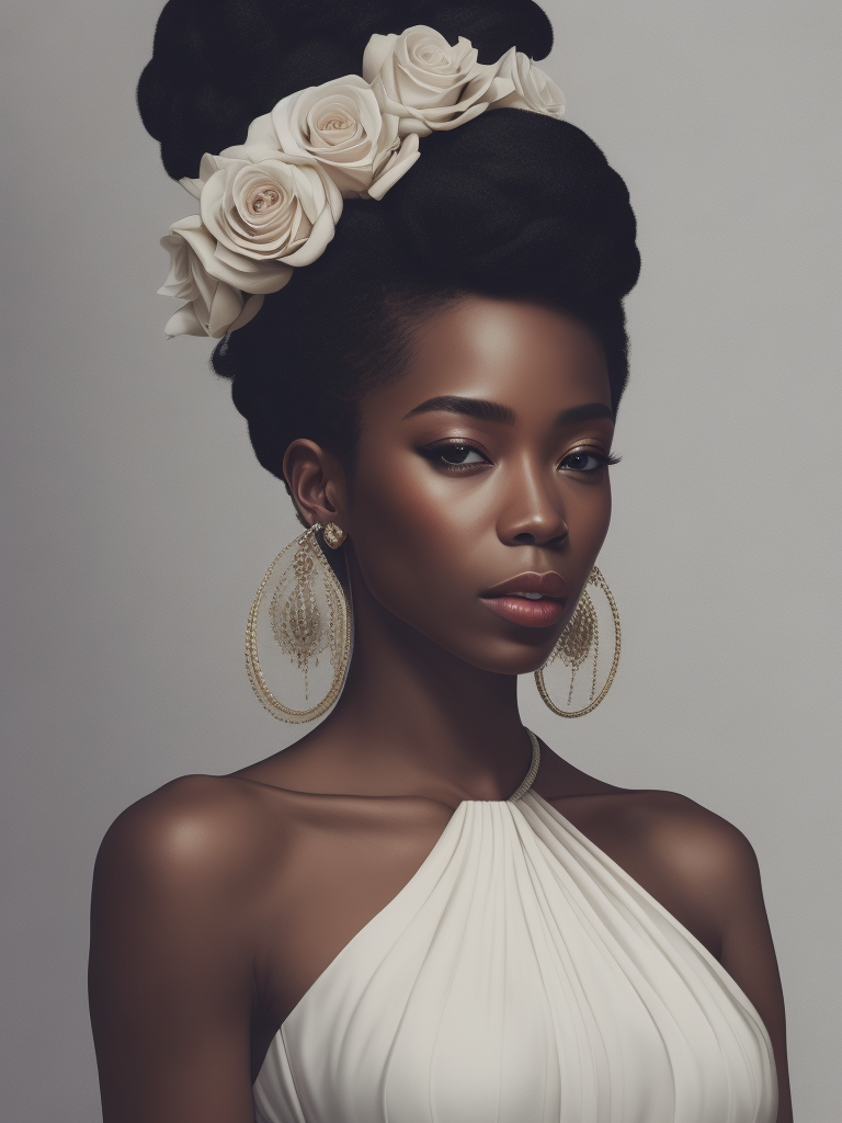 Portrait of a beautiful african american woman wearing a white wedding dress, by tran nguyen