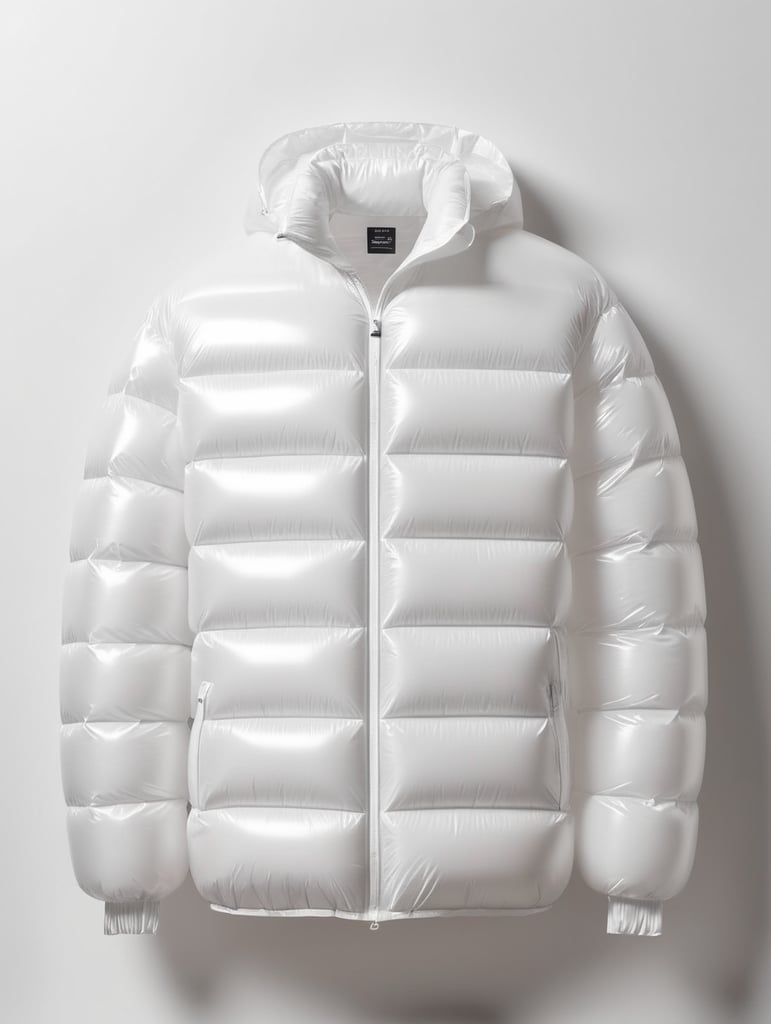 Inflatable white minimalist man's puffer jacket, transparent, isolated, grey background, mockup