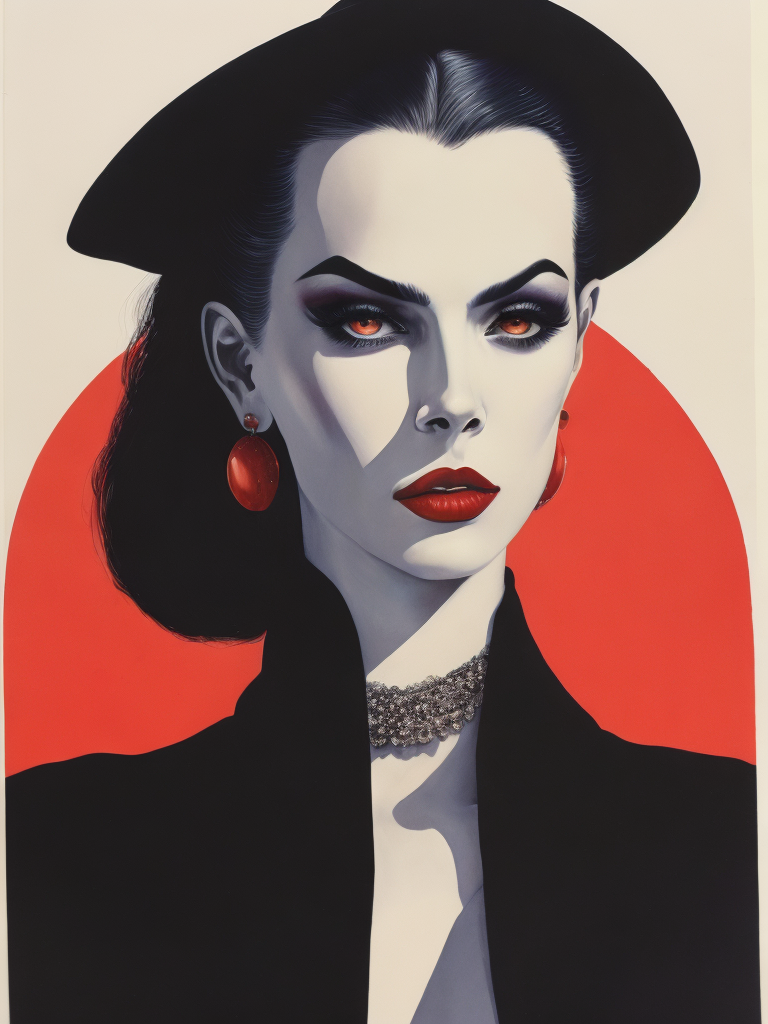 Vampira, alluring, Chicano goth, femme fatalle, stunning vampiress, evil eyes, hypnotic gaze, sheer Gothic attire, watercolored pencil on arches paper by Tamara de Lempicka and David Hockney, riso printing, dots