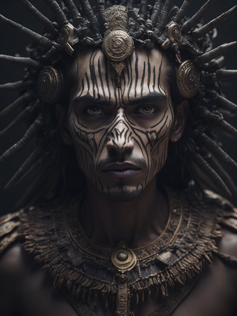 In this powerful and evocative image, mictlantecuhtli, the ancient aztec god of the underworld, emerges in all his ominous glory. rendered predominantly in stark black and white, with subtle gradations of gray, the depiction showcases the deity's menacing presence and serves as a testament to his authority. mictlantecuhtli's face embodies an intense fury, with furrowed brows and eyes ablaze with anger. his facial features are sharp and defined, with deep-set eye sockets that pierce through the darkness. elongated, bony structures form his skeletal visage, accentuating the otherworldly nature of his being. jagged teeth, stained and yellowed, protrude menacingly from his mouth, capturing his ferocity and instilling fear in those who behold him. the environment surrounding mictlantecuhtli reflects the essence of his era, transporting us to the aztec underworld known as mictlan.