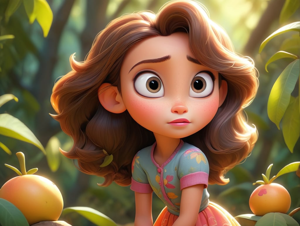 Mila’s Magical Mango Tree" Characters: Five-year-old Mila standing under a mango tree smiling happily