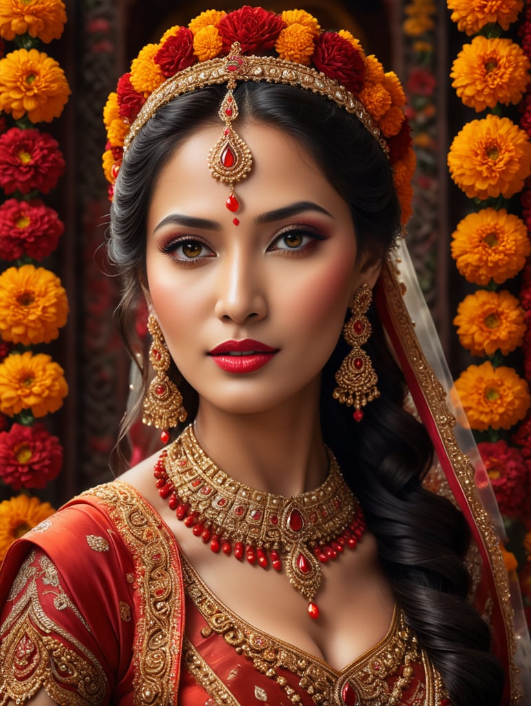 Design an image showcasing a bride wearing diamond jewelry against a backdrop of traditional Nepali wedding elements, such as vibrant marigold garlands, auspicious red hues, and intricate henna designs. don't show too many jewelry but create a visual for Nepali wedding. Photoreal