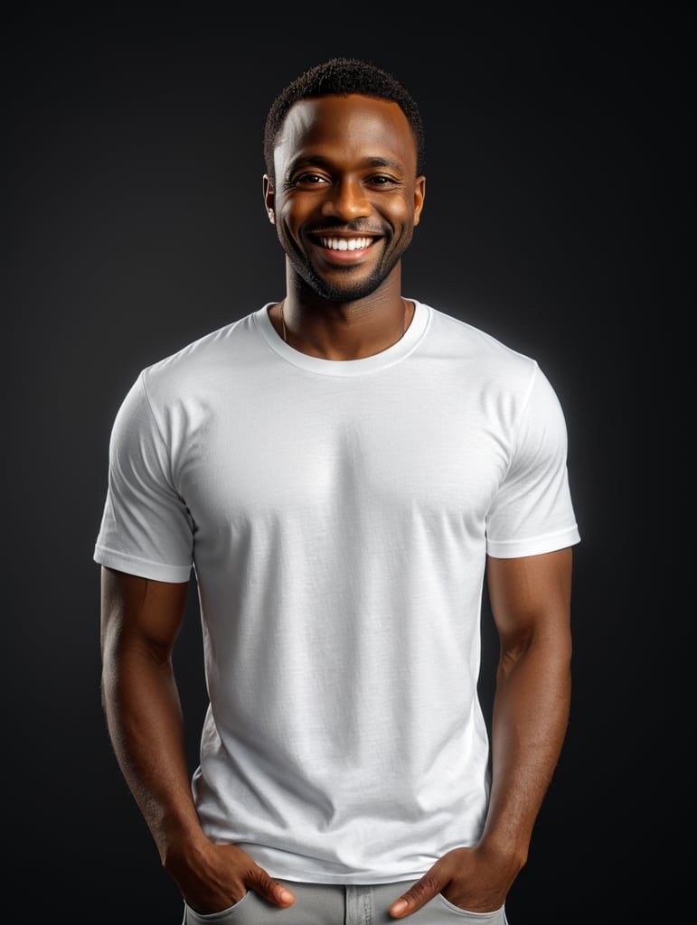 a black African man wearing white t-shirts, standing in front of black background, blank shirt no print, smiling, photo for apparel mock-up