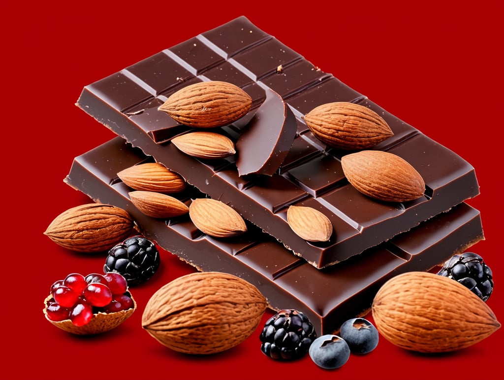 delicious artisanal Dark Chocolate bar filled with almonds and dried cranberries bright colors almond goodness photography of gourmet dessert chocolate indulgence delicious treats on red simple flat lay empty background