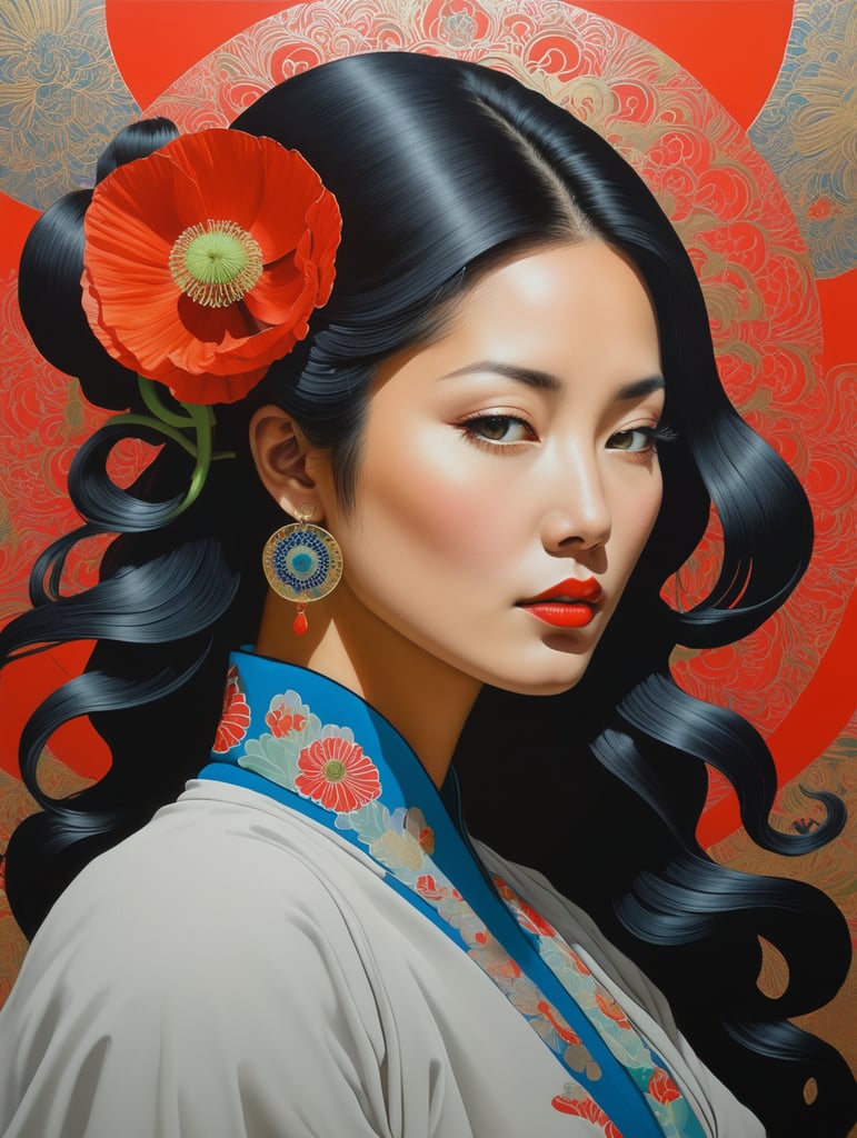 Hiroshi Nagai, ultrafine detailed painting of a woman with a n opium poppy flower in her hair, whimsical, detailed painting