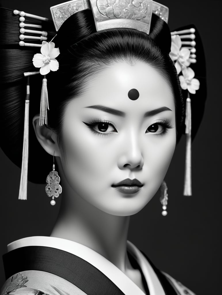 Black and white photo of geisha visas from Edo era Japan. Beautiful proportional face and perfect body, perfect flawless skin, silent beauty with absolute perfection. High contrast, superb, black background, low key photo, perfect high contrast lighting, shot on a Canon EOS 5D.