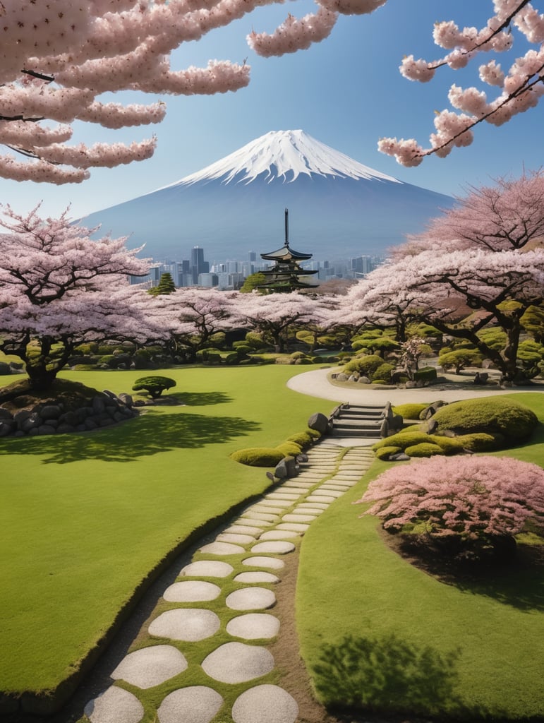 a beautiful japanese garden with cherry trees on full blossom, petals spread above the green grass, cloudless sky shinny day and Fuji mount at the back