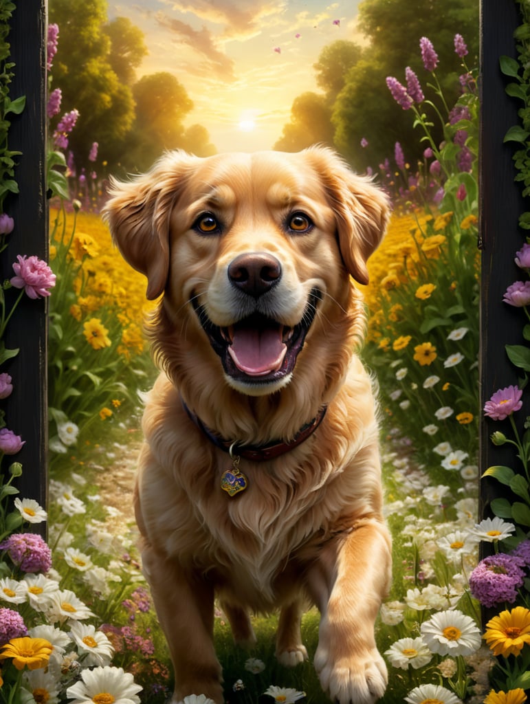 disney pixar movie poster with title'phi', a golden golden retriever with deep brown eyes with longer legs running in a field of flowers