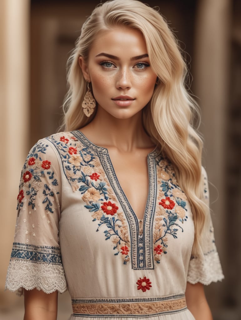 Beautiful blonde woman with freckles, wearing a detailed embroidered short dress, stunning 8k fashion photo, tan skin, ponytail