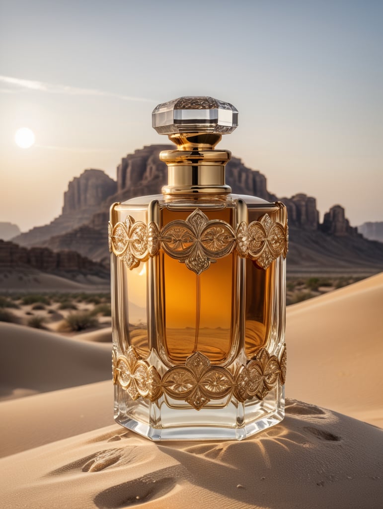 professional photography of a luxury perfume bottle in the desert, no label, clear, mockup