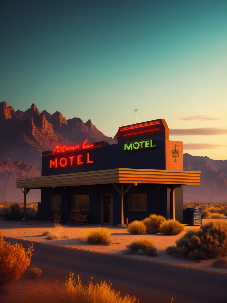 Motel located near the highway with a large neon sign, night, bright colors, contrasting shadows, deep dark atmosphere, tumbleweed, desert and mountains on the horizon, incredible details, sharp focus