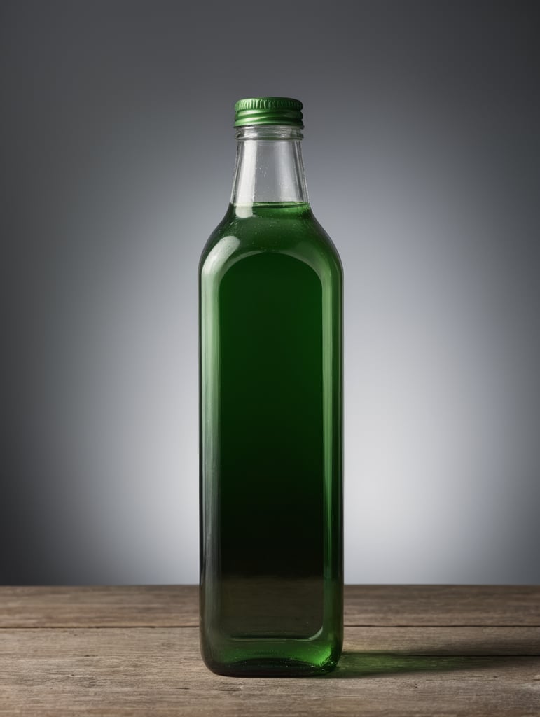 square Green glass bottle with mineral water mockup, no label, isolated, grey background