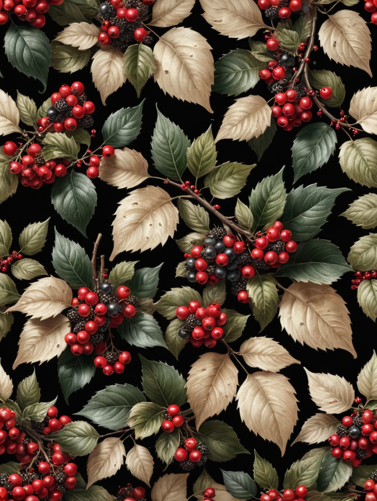 wallpaper design, christmas berries and leaves, two shades of beige