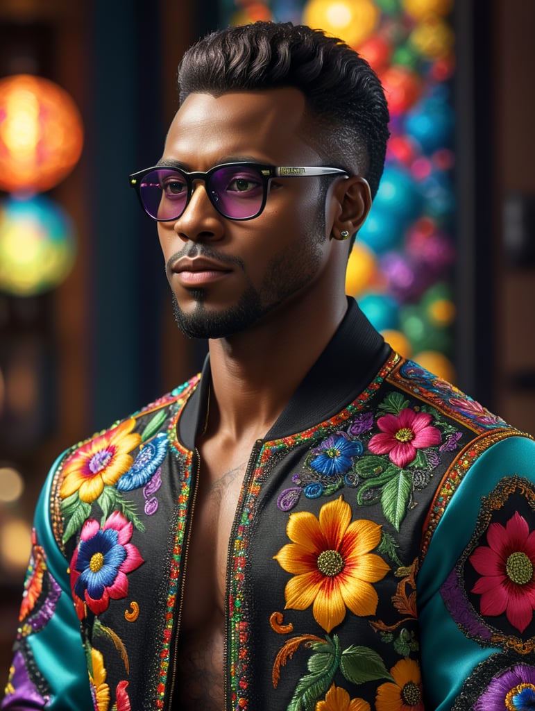 Beautiful black man with straight hair combed to the side, wearing square black glasses, wearing a colorful, vibrant and detailed embroidered jacket, using a computer, Disney Pixar 3d style image