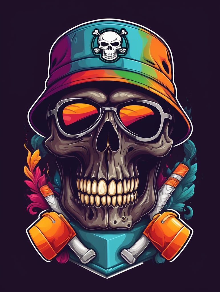smoking skull wearing bucket hat logo, bright colors, Skull Gaming Logo, vector image