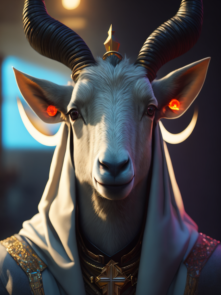 Portrait of a goat's head wearing a catholic pope's dress, cinematic lighting, cyberpunk, octane render, color grading, shot on 35 mm lense, depth of field, dof, tilt blur, shutter speed, white balance, super resolution, hdr, megapixel, pro photo rgb, halfrear lighting, backlight, natural lighting, incandescent, optical fiber, moody lighting, global illumination, path tracing, studio lighting, soft lighting, -ray tracing --diffraction grading --chromatic aberration --gb displacement --ambient occlusion --txaa --post processing -- cell shading --tone mapping --cgi --vfx--insanely detailed and intricate