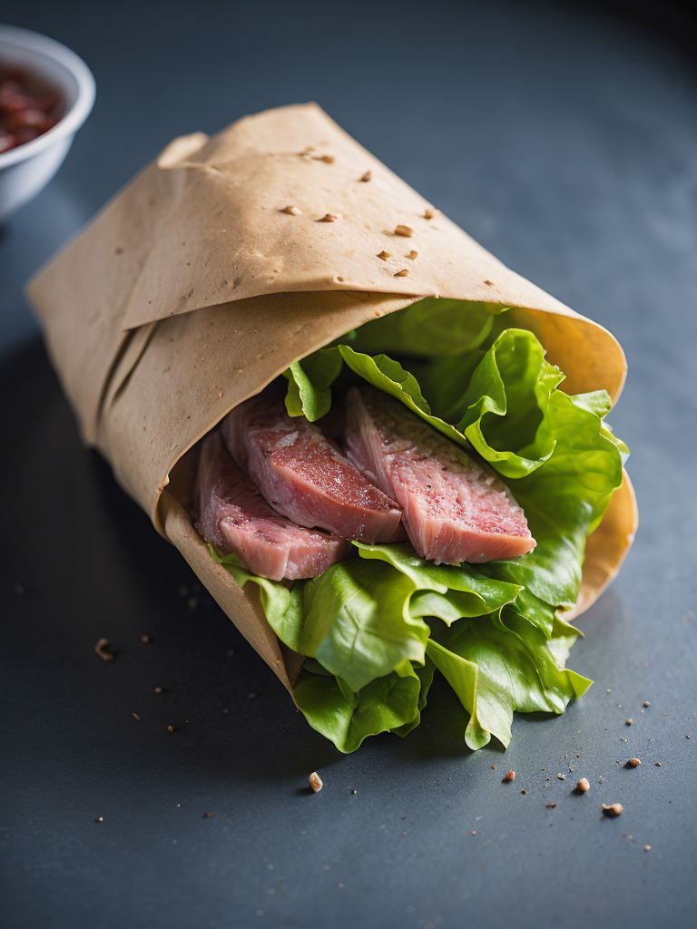 Sandwich wrap with tuna fish, lettuce and cucumber, on a wooden blue table