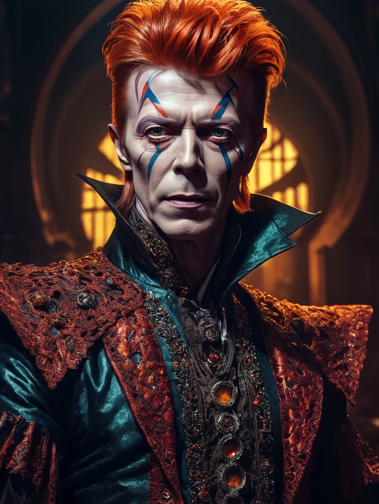 David Bowie as an evil character wearing spooky Halloween costume, Vivid saturated colors, Contrast color