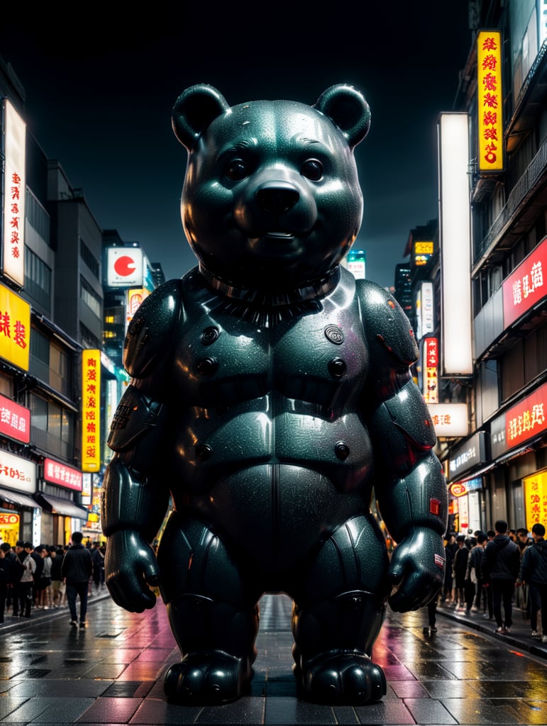 A giant gummy bear, 4 stories tall, walking through tokyo at night