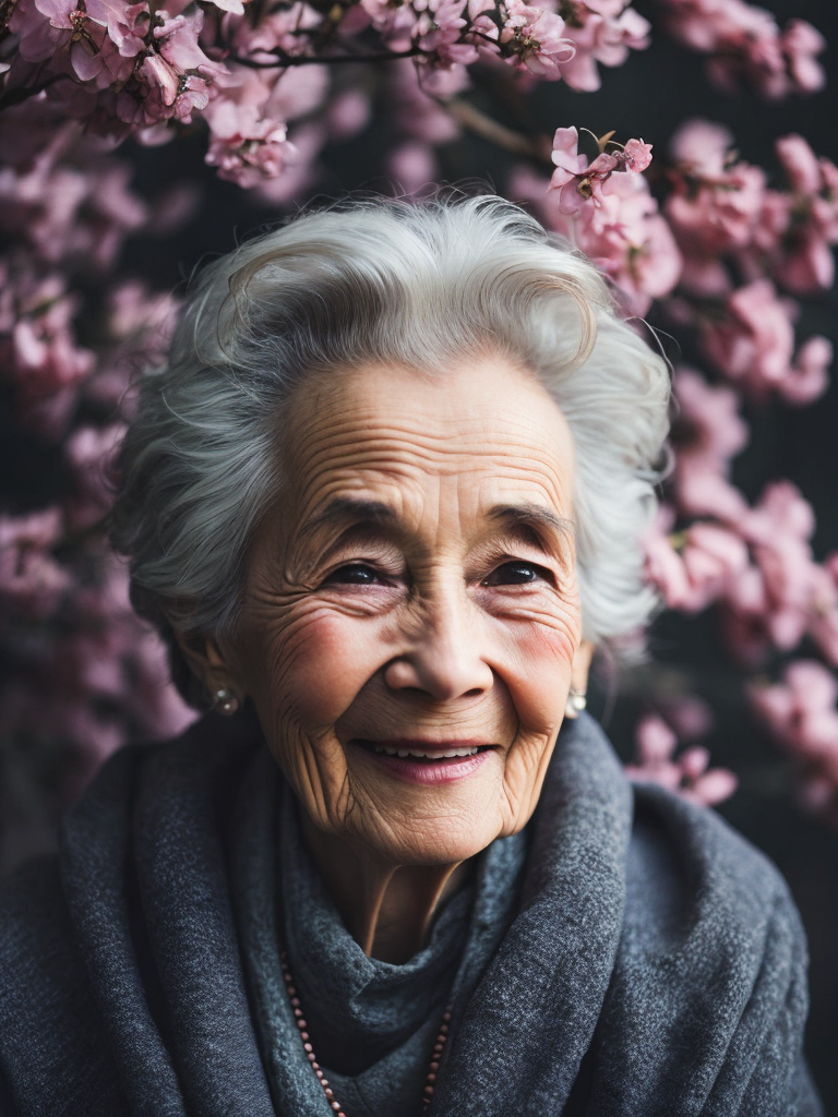 grandma, 90 years old, smile, looking straight into the camera, cherry blossom background, detailed