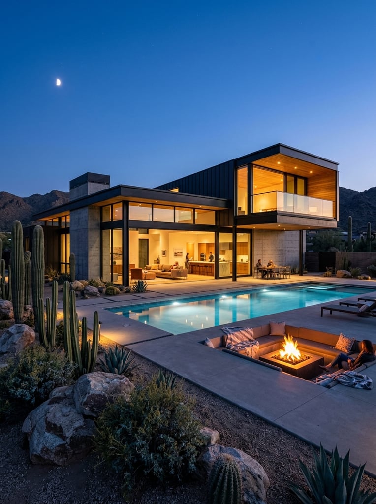 Modern two-story house at dusk, floor-to-ceiling glass windows glowing with warm interior light, illuminated rectangular swimming pool, concrete patio with sunken fire pit, desert landscaping with saguaro cacti and boulders, twilight blue sky with crescent moon, architectural photography, cool exterior and warm interior contrast