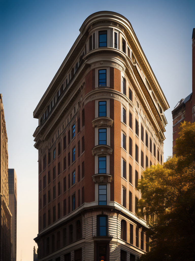 Flatiron Building, Vibrant colors, Warm & Deep colors, Contrast lighting, Sunny day, High detail, Sharp details