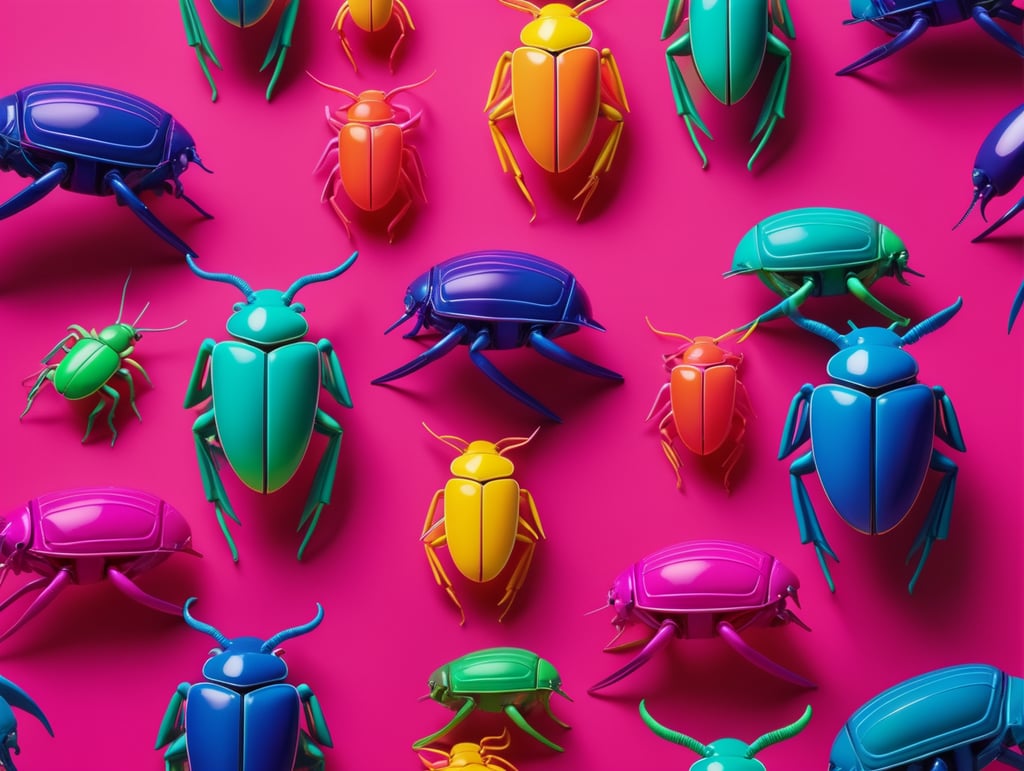 Scarabaeus sacer pattern, style in neon colors, by laurie simmons, minimal figures