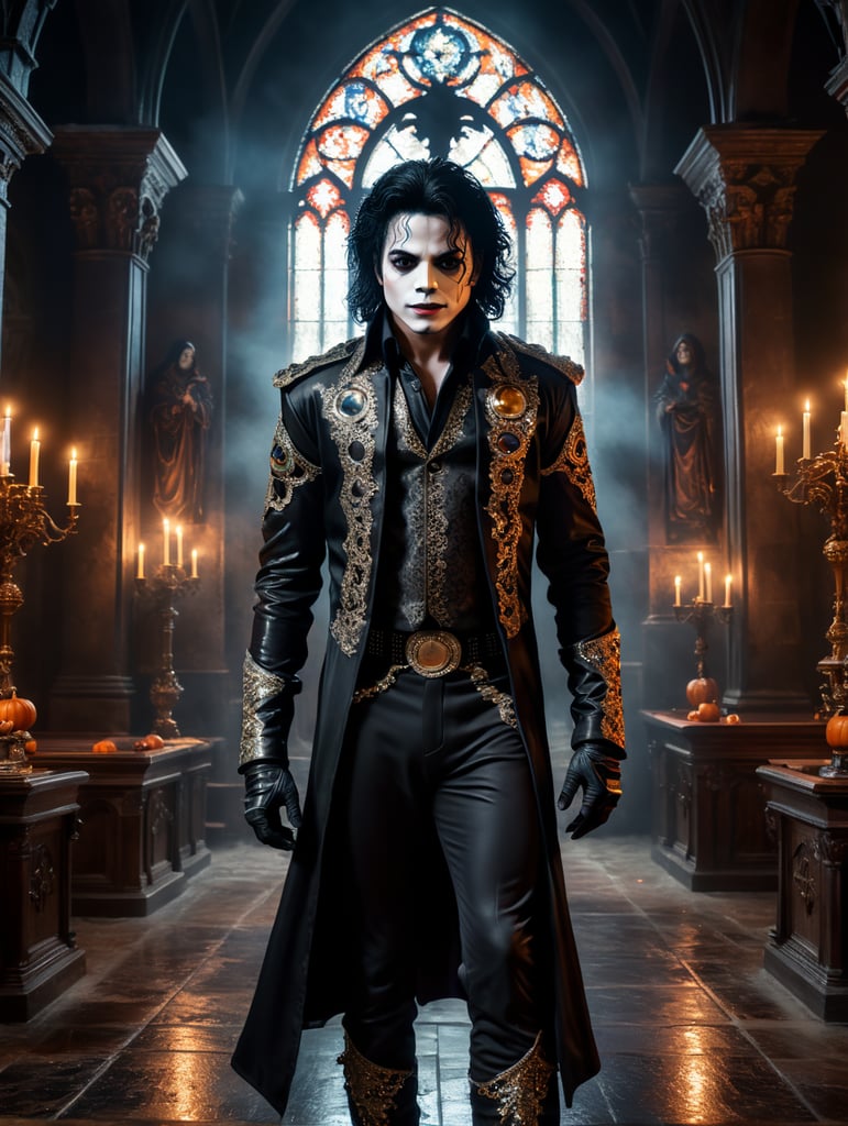 Genereer een verbluffend realistische afbeelding waarop Michael Jackson is verkleed in een angstaanjagend Halloween-kostuum en een meesterlijk optreden geeft in een mysterieuze, donkere kerk. Zorg ervoor dat de atmosfeer van de kerk angstaanjagend en spookachtig is, met onheilspellende verlichting, schaduwen en decoraties die de Halloween-sfeer versterken. De afbeelding moet van zodanig hoge kwaliteit zijn dat het moeilijk is om te geloven dat het niet echt is