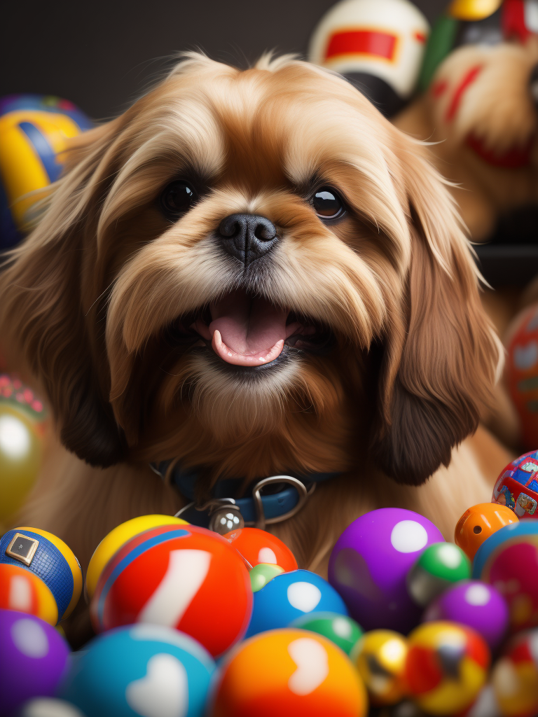 happy female caramel shih tzu dog surrounded by toys with tongue out hyper realistic depth of field colorful bright