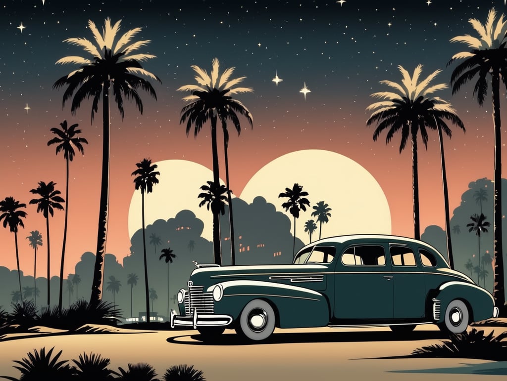 pulp comic style of a 1940's Hollywood, nighttime, spot lights, palm trees