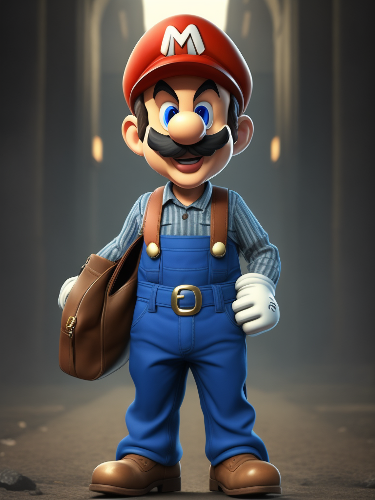 Super mario, creative, and kind-hearted person with mustache, Wearing blue pants with suspenders, brown boots, a red cap with the letter M, white gloves, big eyes, big nose standing centered in 3D style, rendered using beautiful Disney animation, Pixar style, Disney style, 3D style