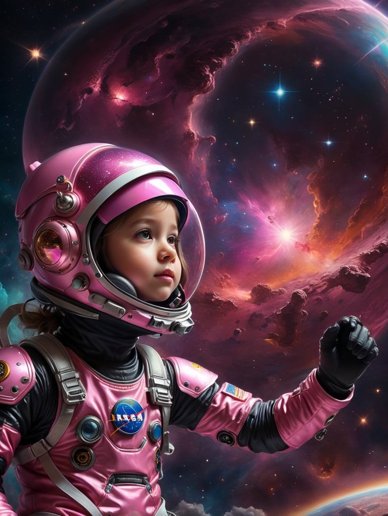 Half-body Portrait photography of a little girl Astronaut, wearing a pink Astronaut Costume and pink astronaught helmet, 50 degree view, artwork, cosmic fantasy background