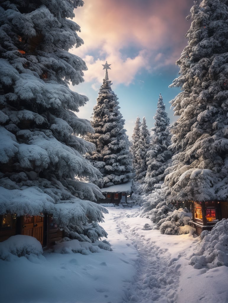 A close-up landscape photo of a off-center frosted winter pine tree and layered snow in the theme of a Christmas village, bright and saturated colors, depth of field