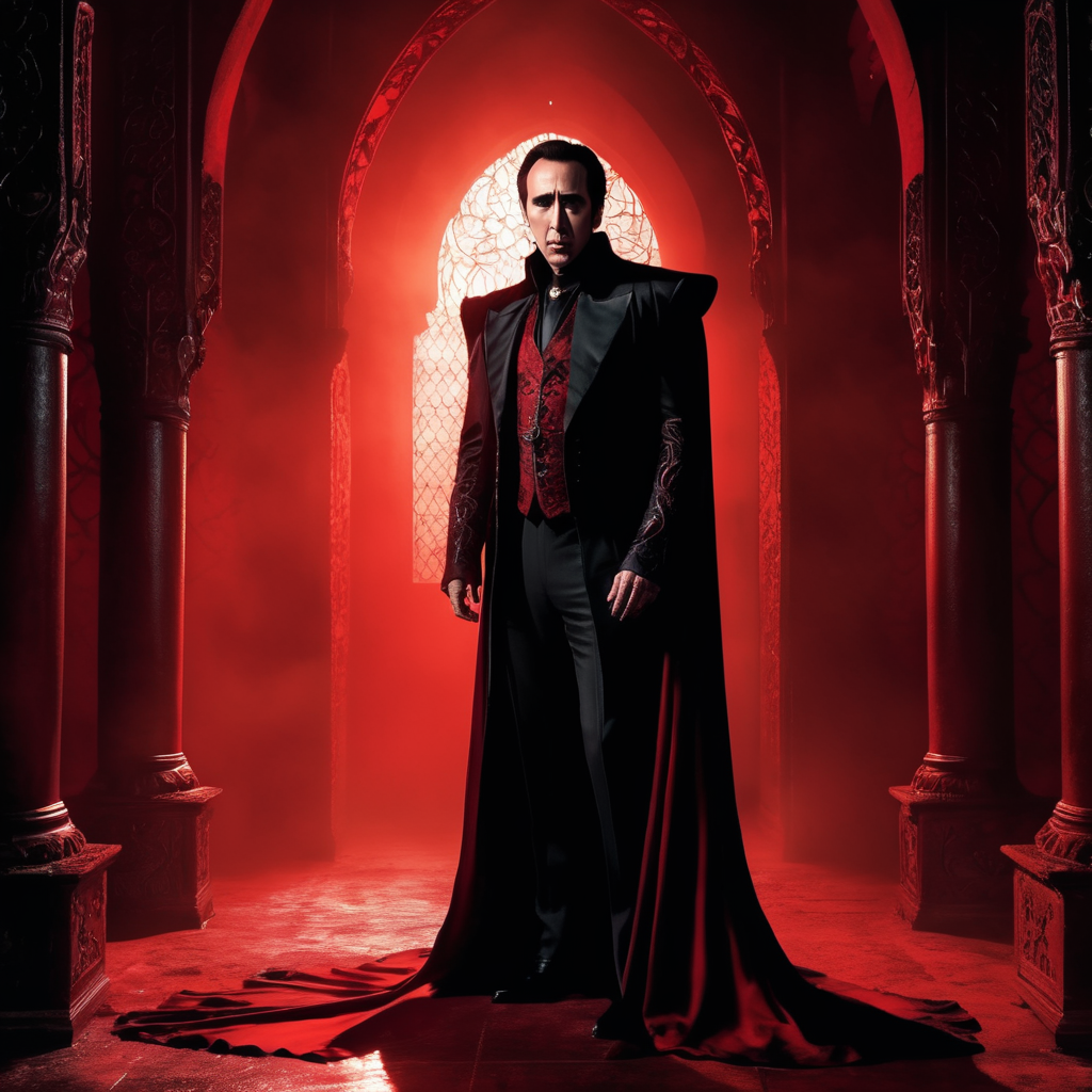 Nicolas Cage as Dracula, full body shot, red and backlighting, moody, grotesque