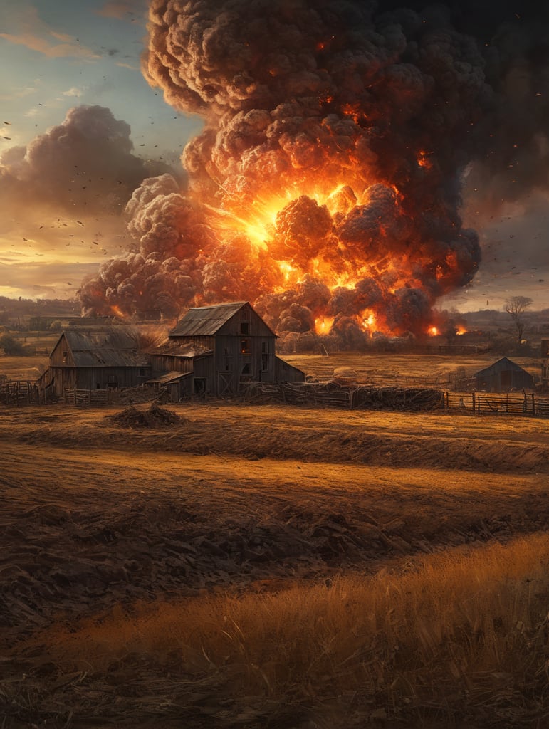 Draw farm field with a large, fiery explosion in the background.